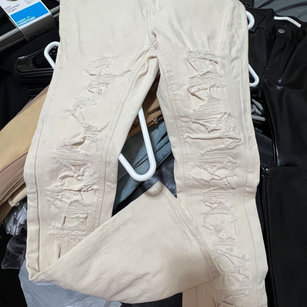 Stacked Distressed Cream Jeans